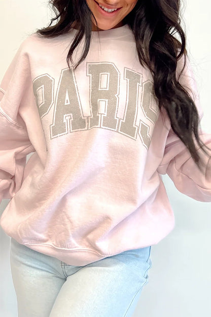 Pink PARIS Letter Print Drop Shoulder Oversized Sweatshirt