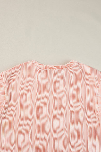 Pink Solid Color Wavy Textured Cap Sleeve Top