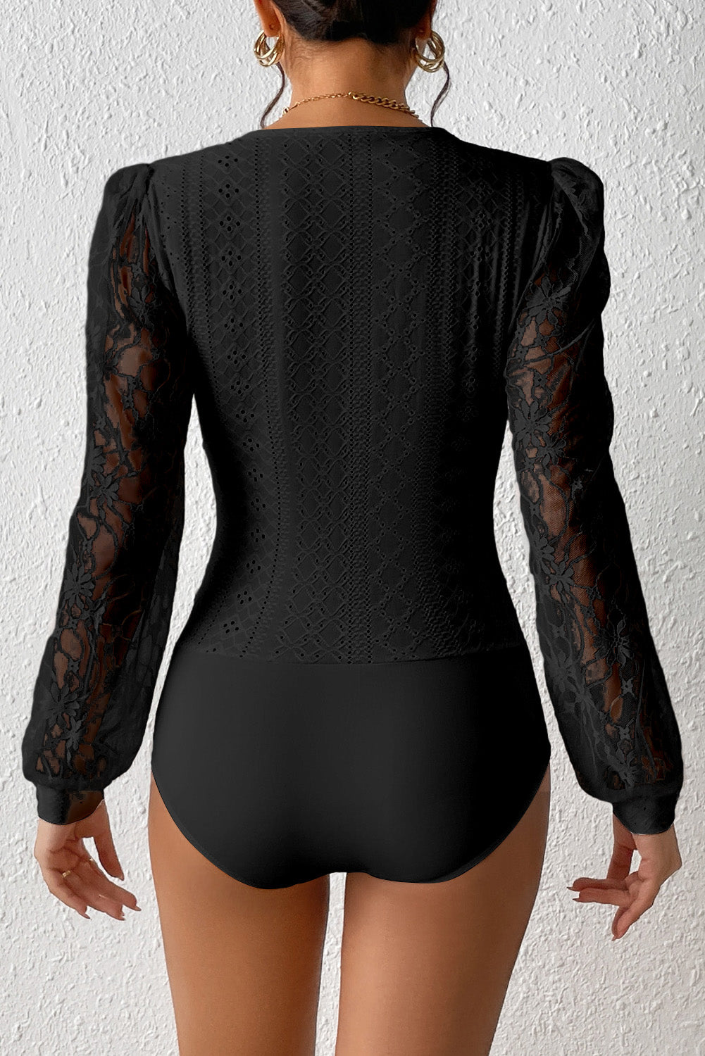 Black Eyelet Contrast Lace Bishop Sleeve Bodysuit