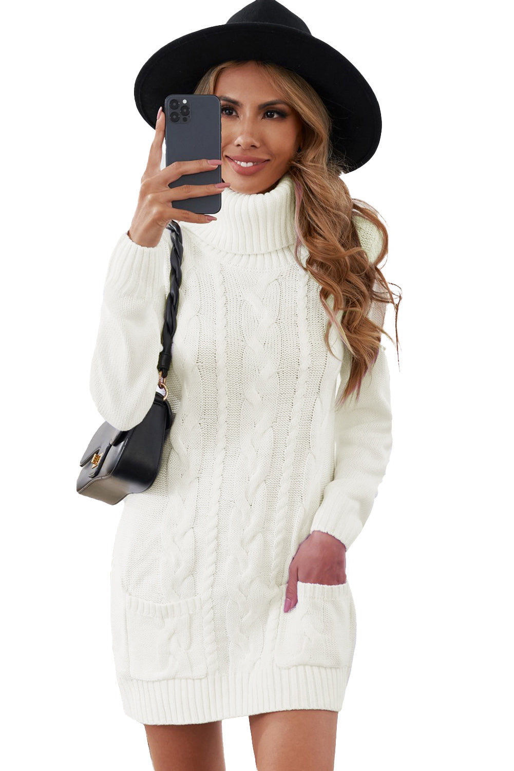 White Cowl Neck Pocket Twist Detail Cable Knit Sweater Dress