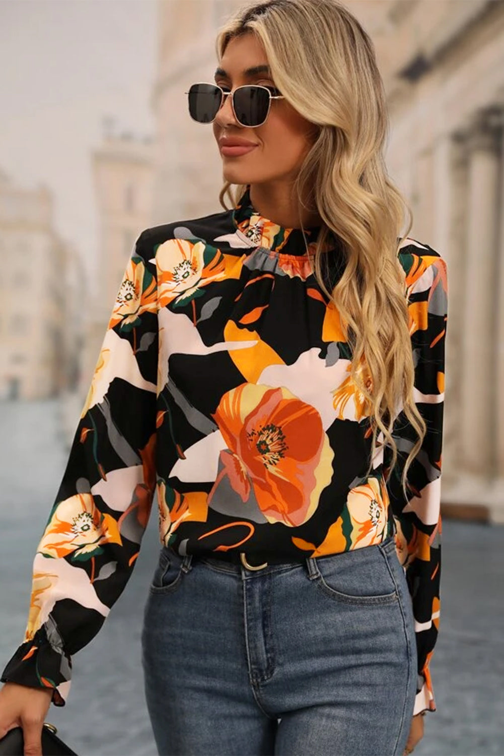 Black Floral Frilled Neck Peasant Sleeve Blouse