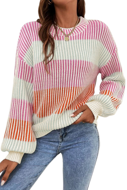 Pink Colorblock Lantern Sleeve Rib Knitted Sweater