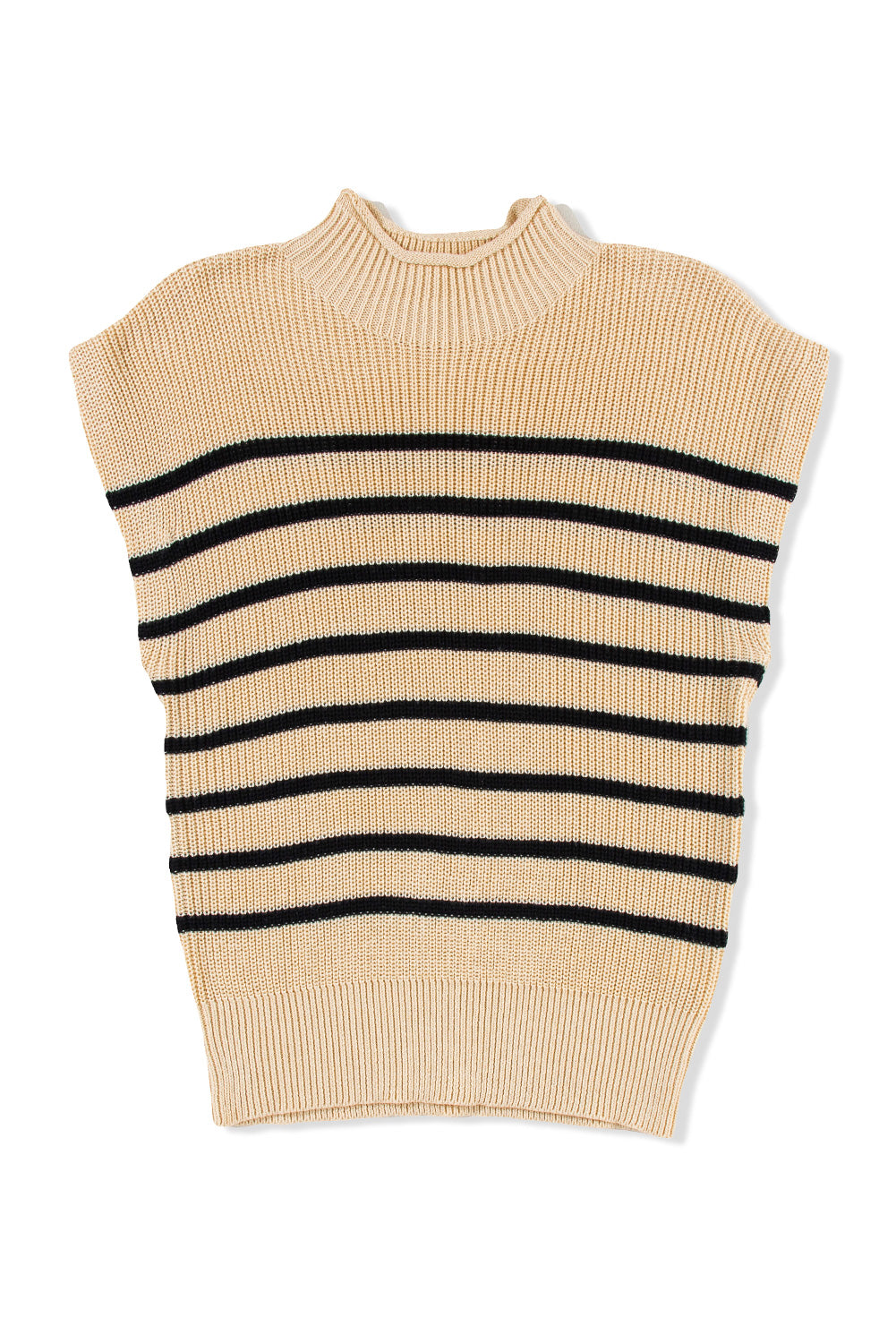 Parchment Striped Knit Mock Neck Short Sleeve Sweater