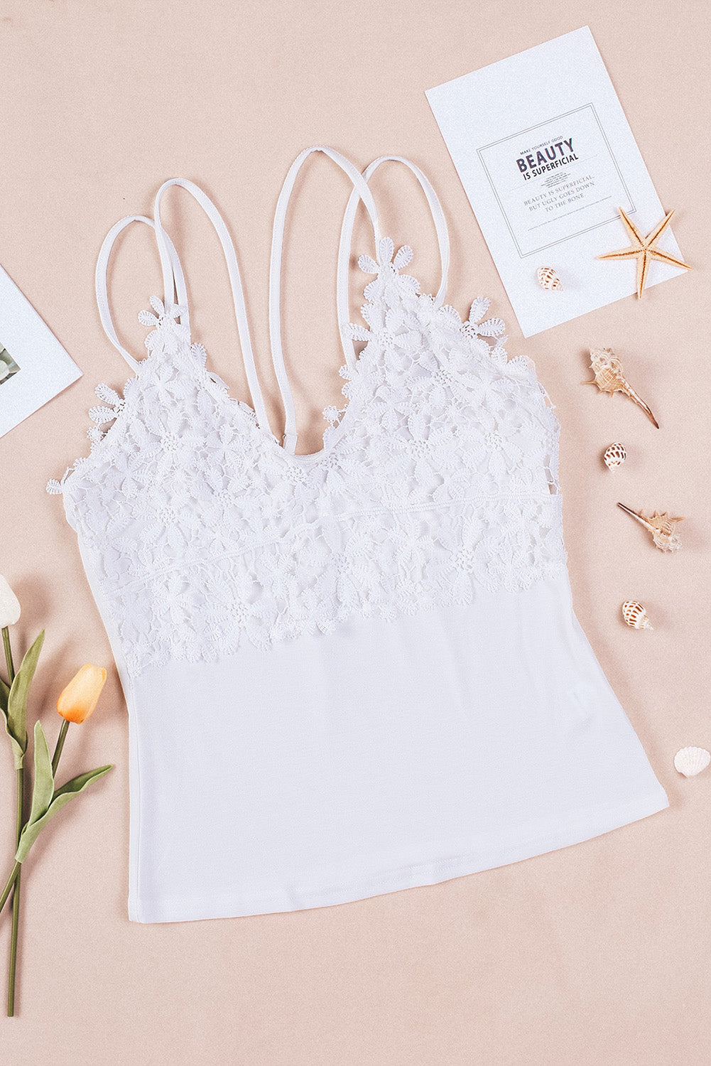 White Flower Lace Crochet Two Spaghetti Strap Camisole Top