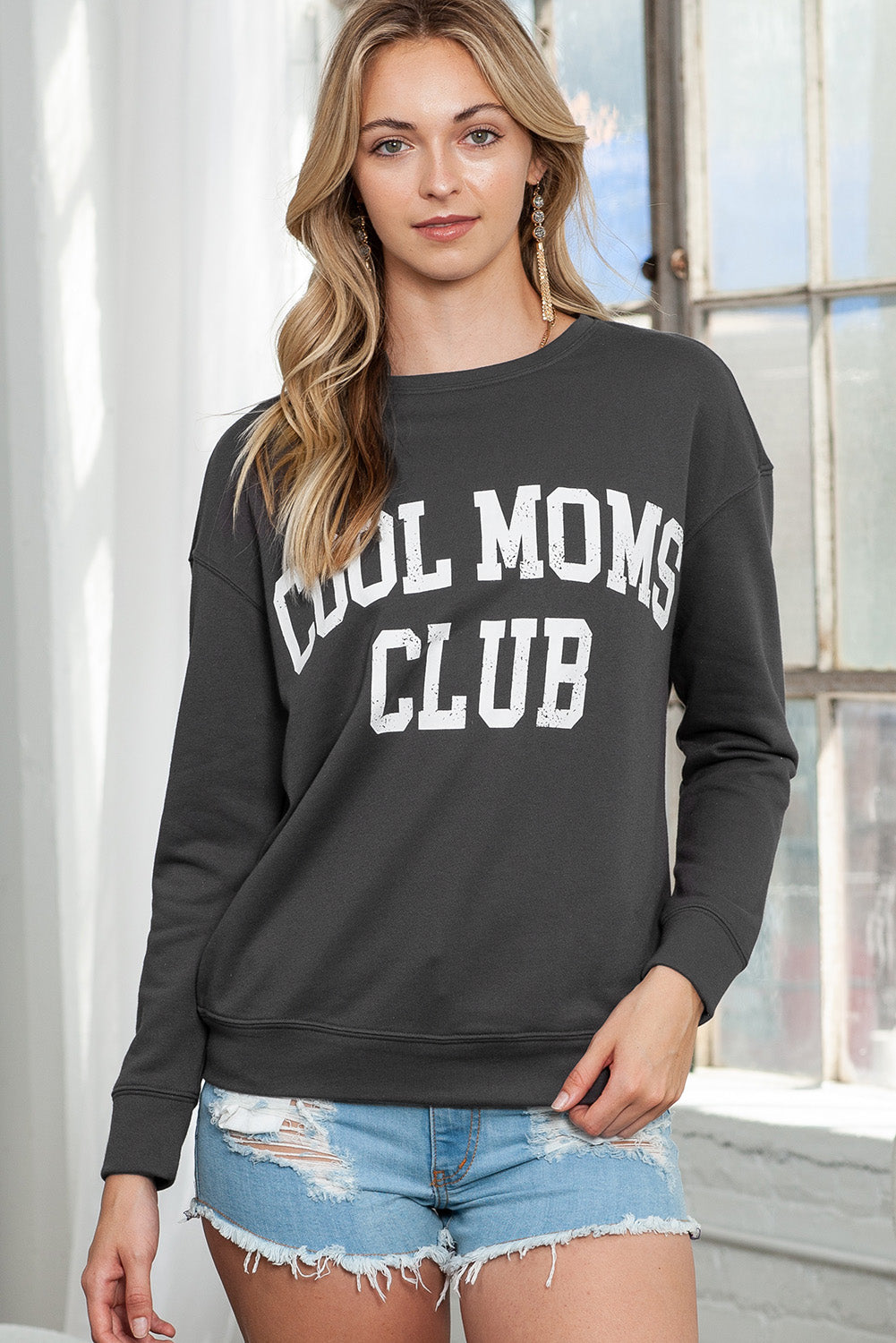 Gray COOL MOMS CLUB Print Drop Shoulder Light Wash Sweatshirt