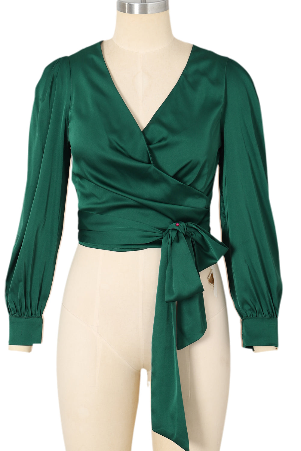 Blackish Green Satin Surplice V Neck Knot Blouse