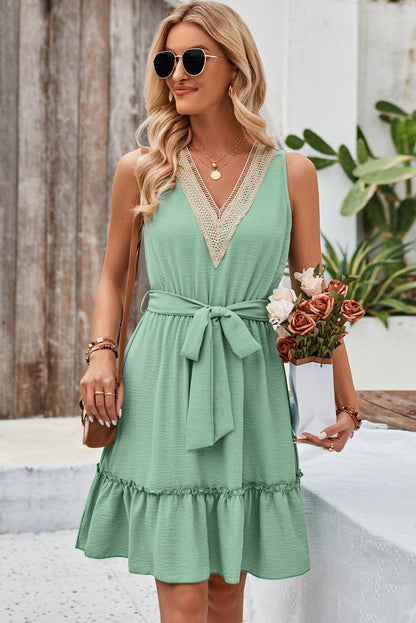 Smoke Green Lace Contrast V Neck Belted Sleeveless Short Dress