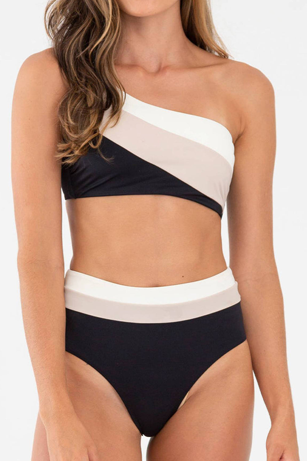 Black Triple Tones Colorblock One Shoulder High Waist Bikini