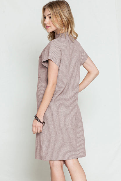 Oatmeal Patch Pocket Ribbed Knit Short Sleeve Sweater Dress