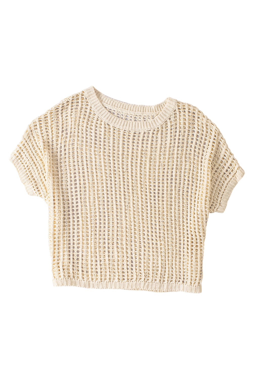 Apricot Fishnet Knit Ribbed Round Neck Short Sleeve Tee