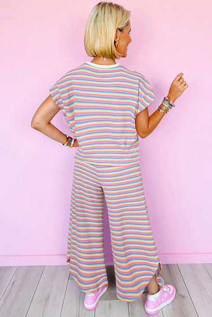 Yellow Stripe Rainbow Tee and Tassel Drawstring Wide Leg Pants Set