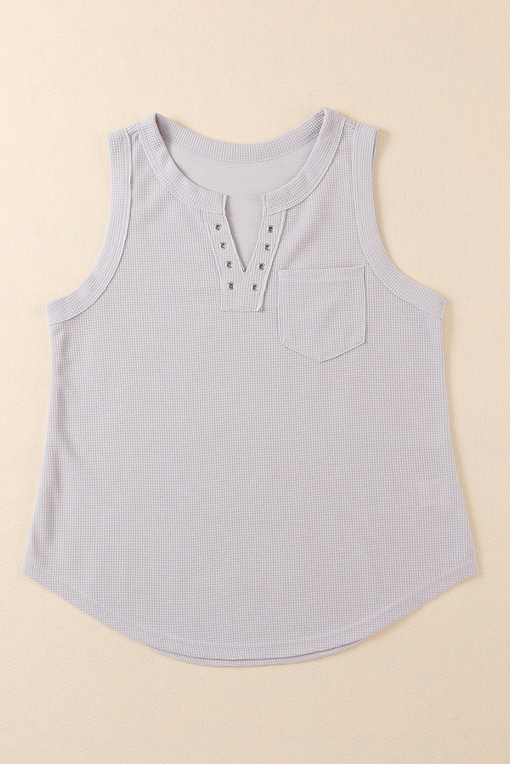 Grey Waffle Knit Basic Notched Neck Pocket Tank Top