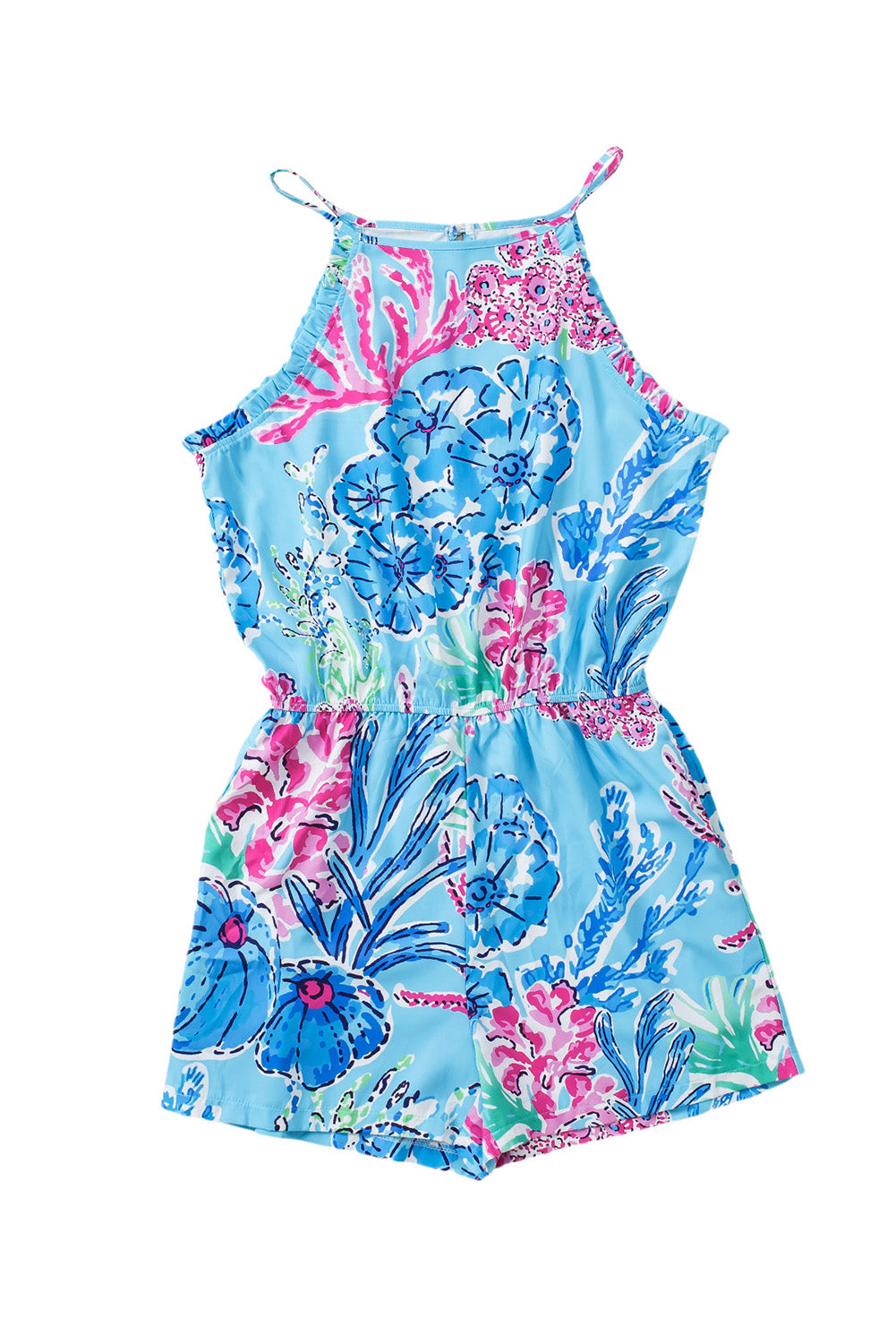 Marine Plants Printed Sleeveless Halter Neck Short Romper