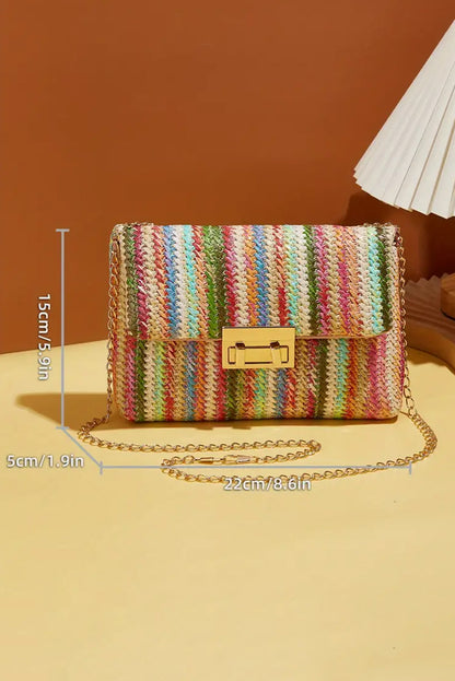 Camel Woven Striped Flapped Single Shoulder Bag