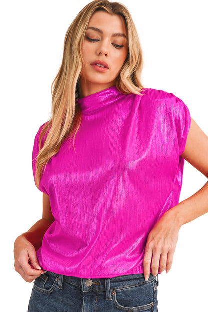 Bright Pink Ruched Sleeves Knotted Backless Blouse