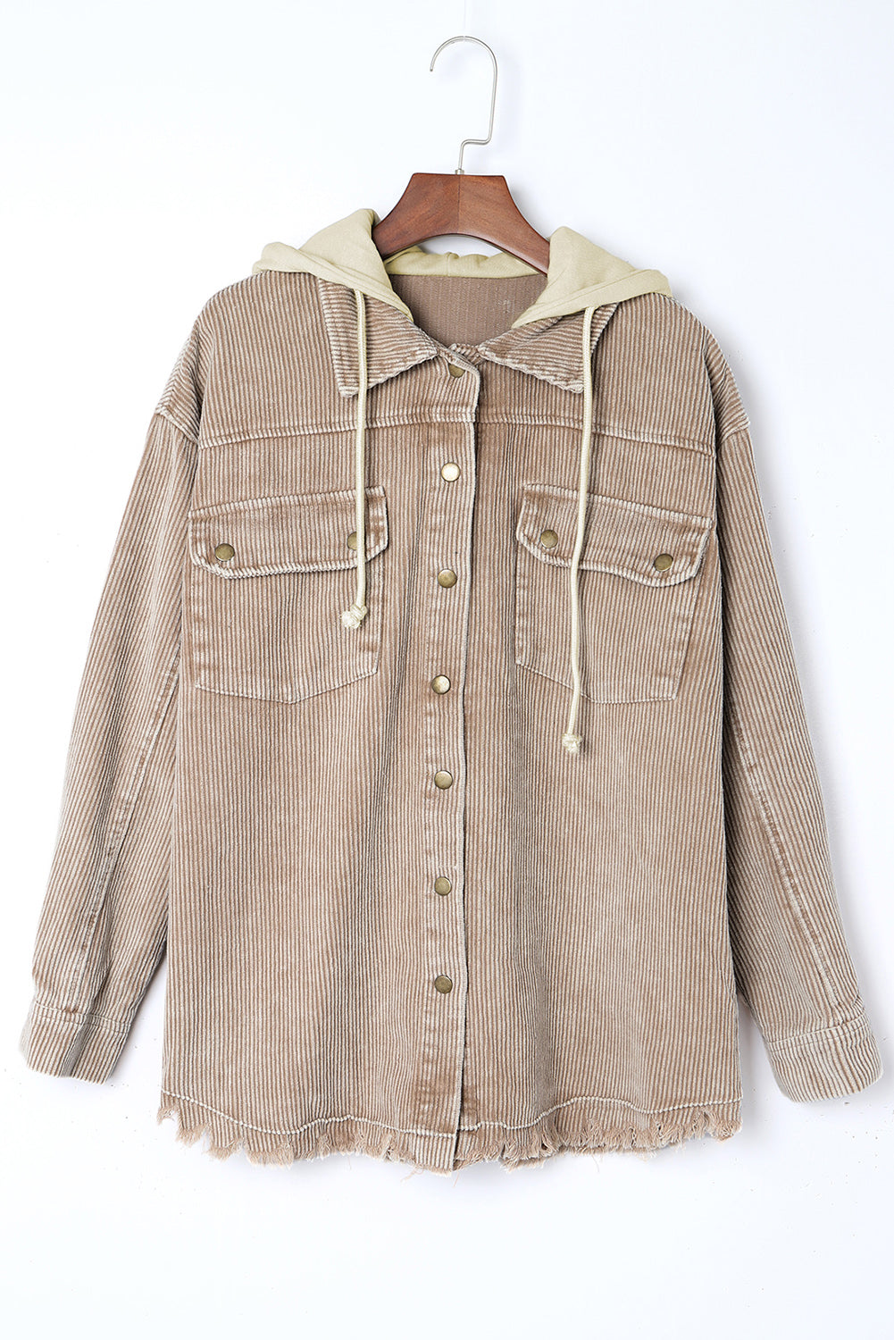 Khaki Patchwork Raw Hem Hooded Corduroy Jacket