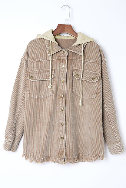 Khaki Patchwork Raw Hem Hooded Corduroy Jacket