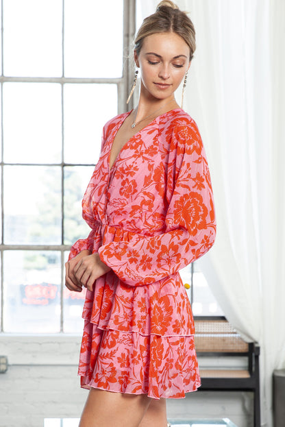 Red Floral Print Wrap V Neck Long Sleeve Boho Dress