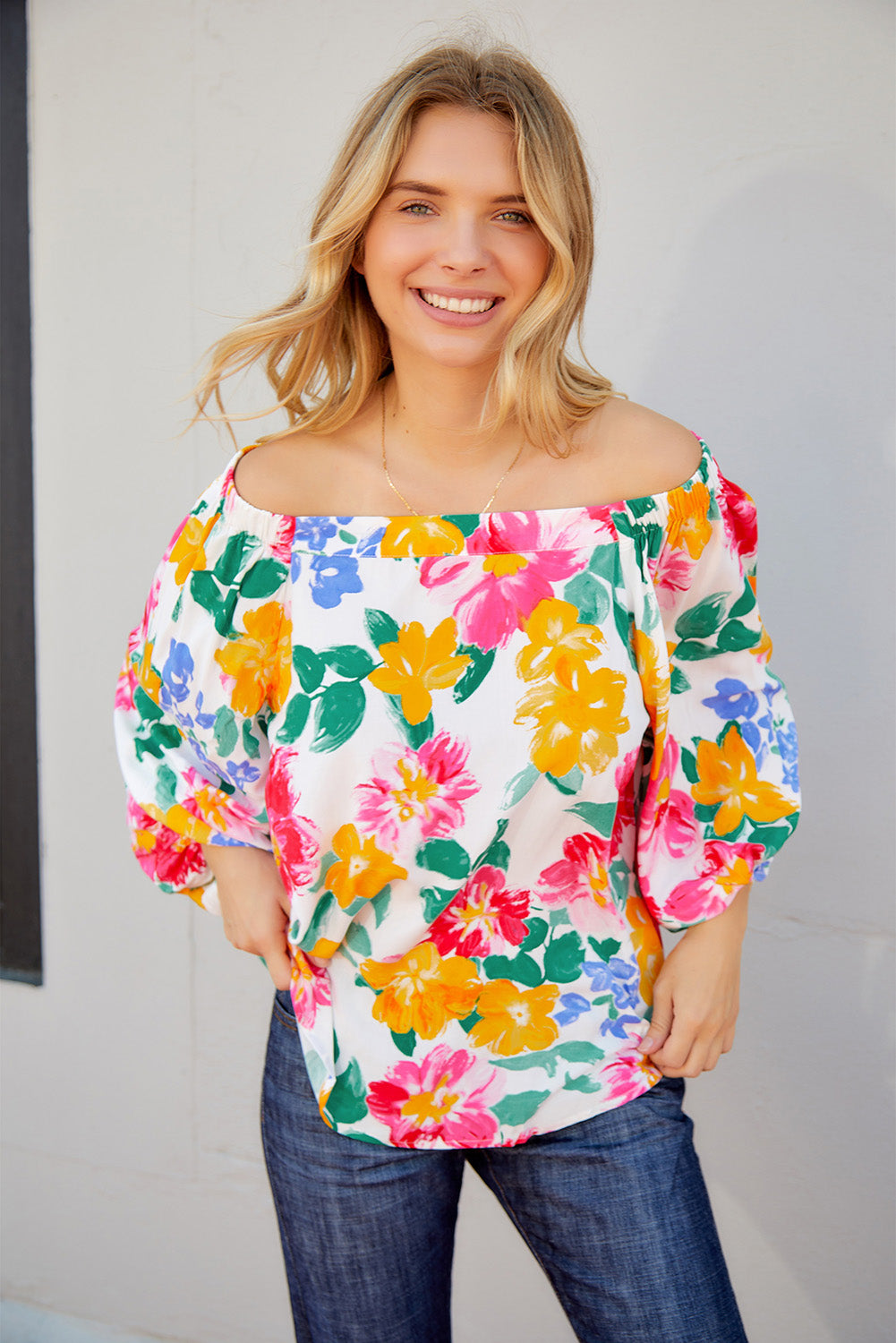 Watercolor Bohemian Flower Print Off Shoulder Blouse