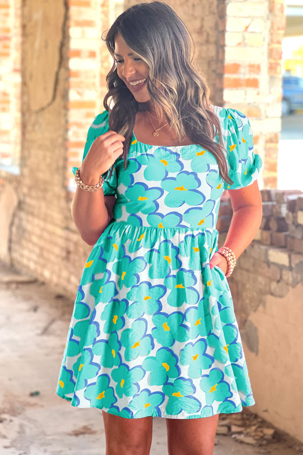 Green Floral Print Puff Sleeve Babydoll Short Dress