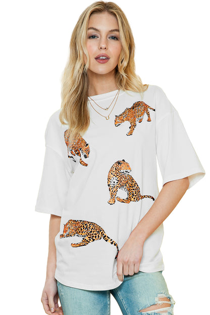 White Animal Print Round Neck T Shirt