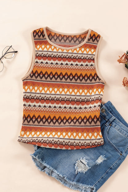 Orange Boho Geometric Striped Knitted Tank Top