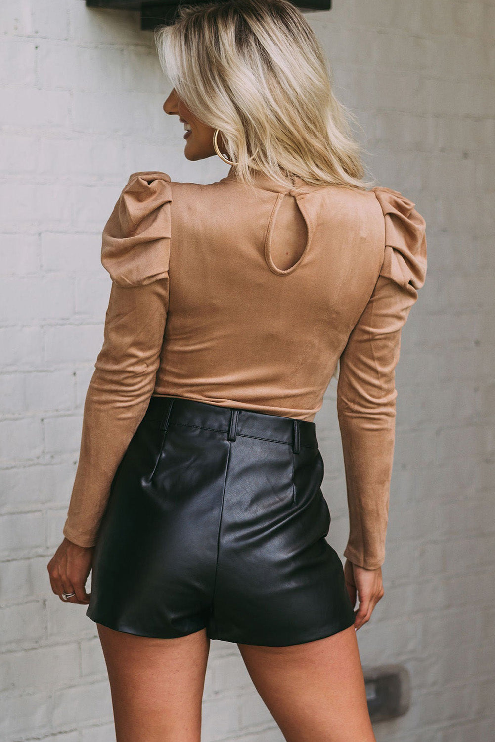 Brown Puff Sleeve Casual Suede Bodysuit