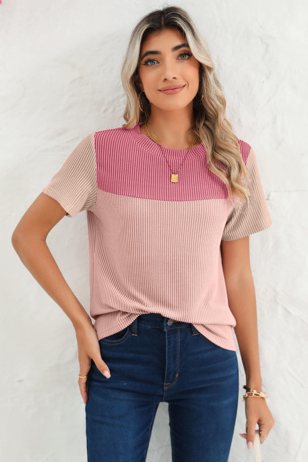 Light Blue Rib Textured Colorblock Round Neck T Shirt