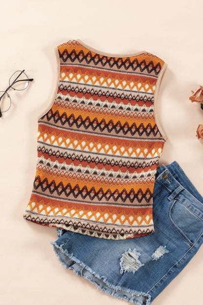 Orange Boho Geometric Striped Knitted Tank Top