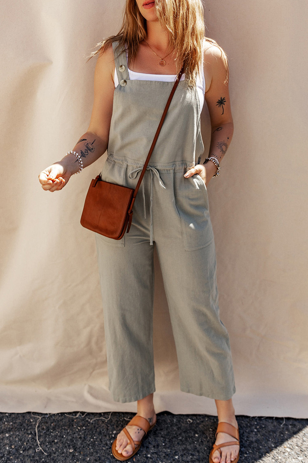 Sage Green Buttoned Straps Drawstring Cropped Overalls