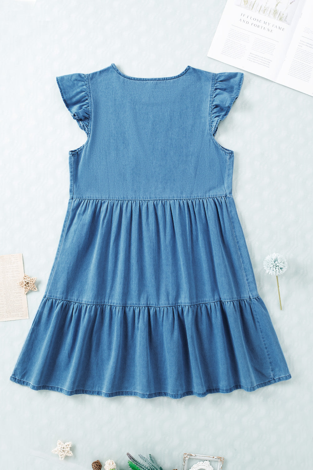 Blue Ruffle Sleeve Casual Short Denim Dress