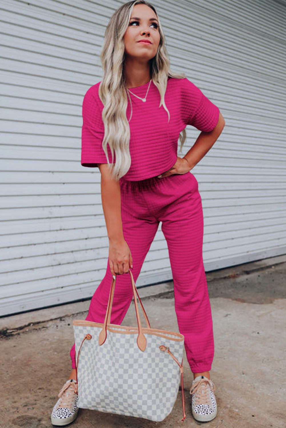 Rose Red Textured Cropped Tee and Jogger Pants Set