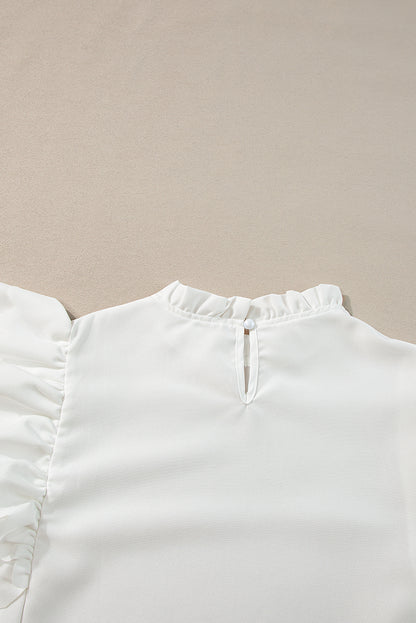 White Solid Color Scalloped Ruffle Sleeve Blouse