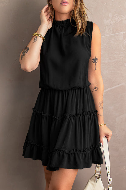 Black Reversible Frill V Neck Sleeveless Swing Mini Dress