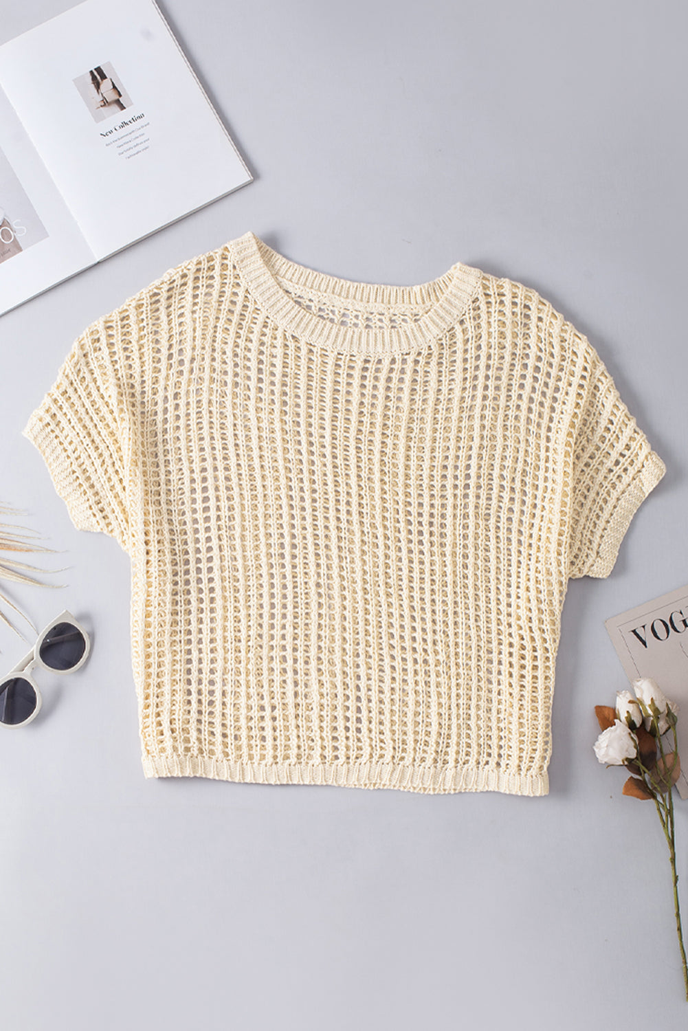 Apricot Fishnet Knit Ribbed Round Neck Short Sleeve Tee