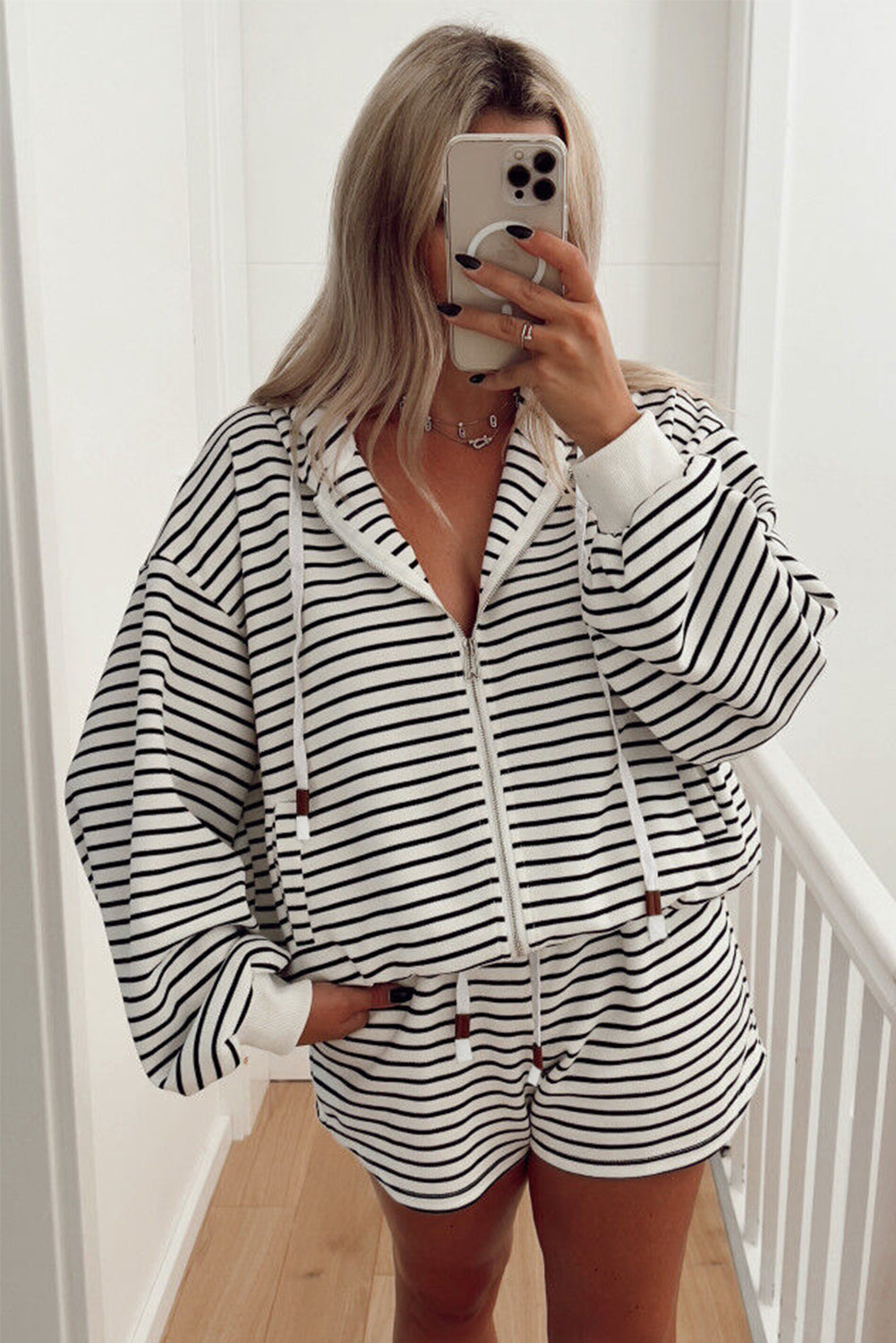 White Printed Striped Zip Up Hoodie and Shorts Set