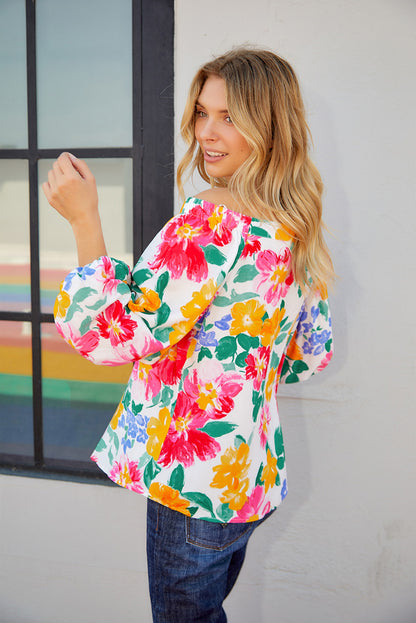 Watercolor Bohemian Flower Print Off Shoulder Blouse