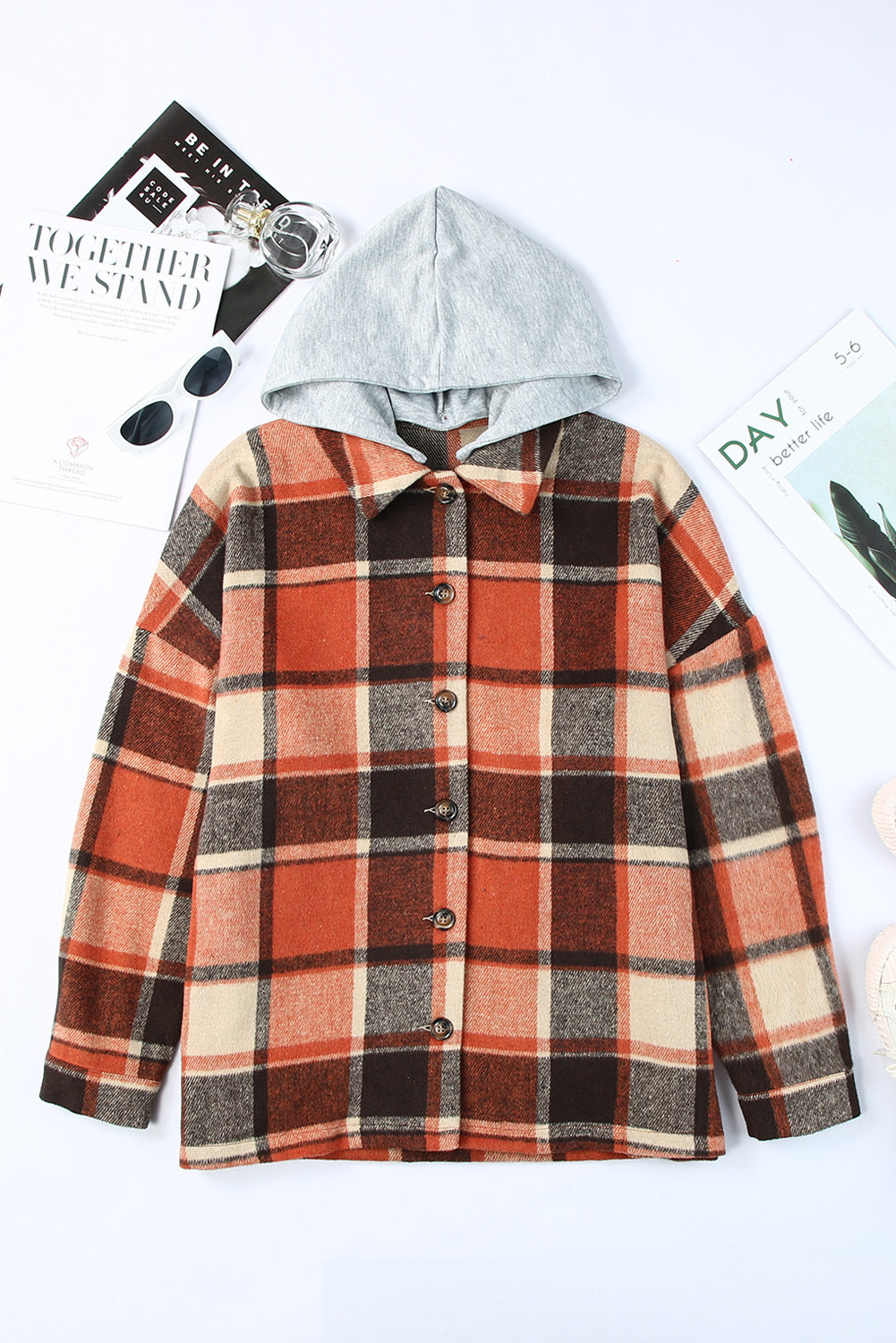 Orange Plaid Button Front Hooded Shacket