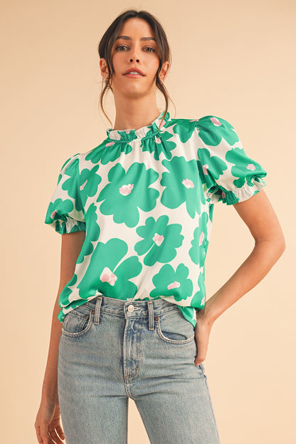 Rose Floral Puff Sleeve Frill Neckline Blouse