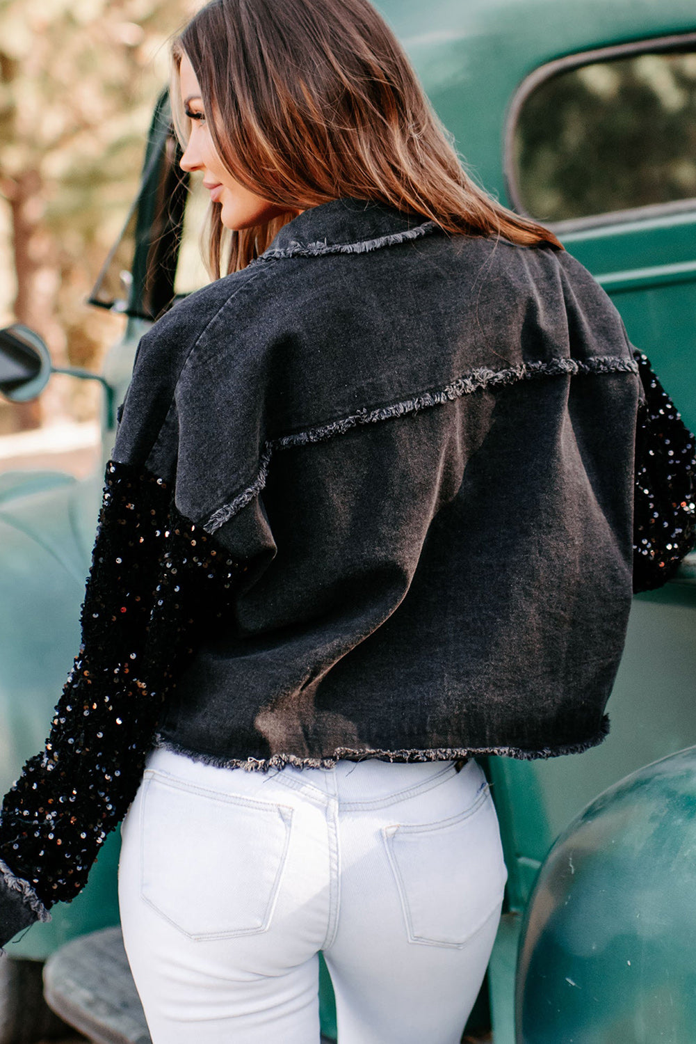 Wholesale Black Sequin Sleeve Pocketed Raw Hem Denim Jacket