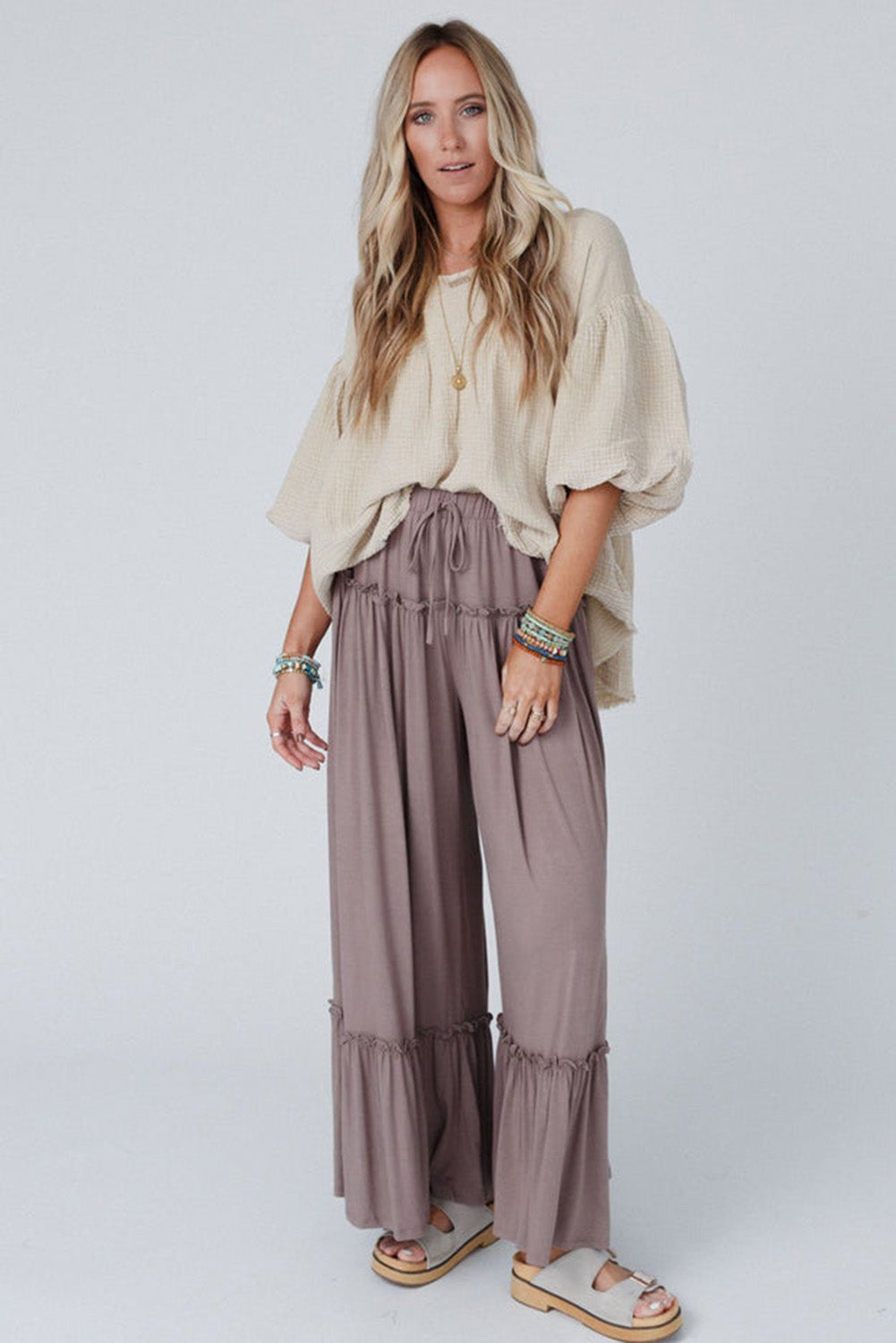 Khaki Frill Detail Drawstring High Waist Wide Leg Pants