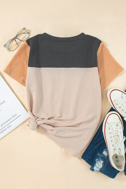 Light Blue Rib Textured Colorblock Round Neck T Shirt