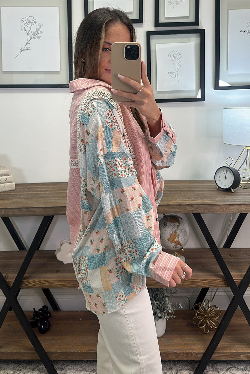 Pink Stripe Floral Patchwork Loose Fit Shirt