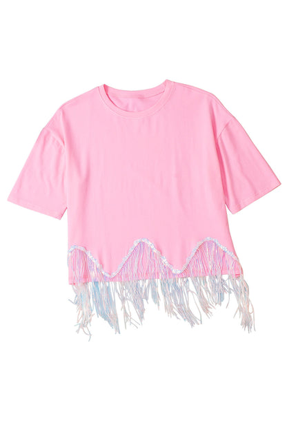 Pink Casual Fringe Sequin Hem Cropped T Shirt