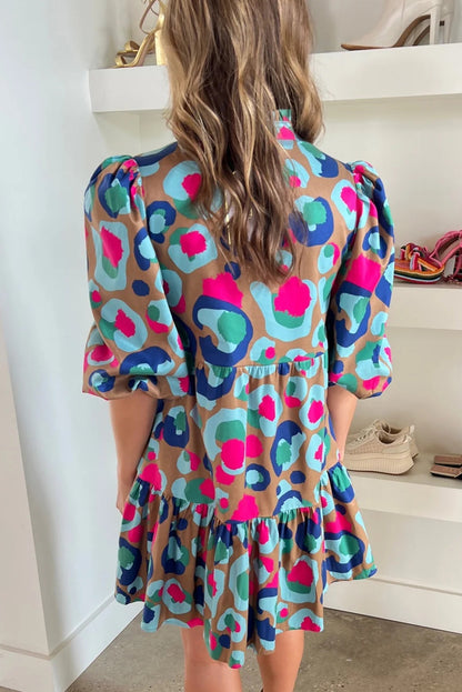 Green Waterclolor Print Bubble Sleeve Frilled V Neck Mini Ruffle Dress