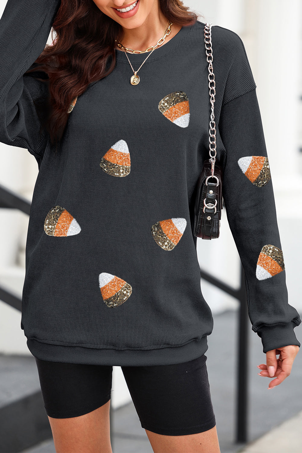 Black Sushi Sequin Print Corded Crewneck Graphic Sweatshirt