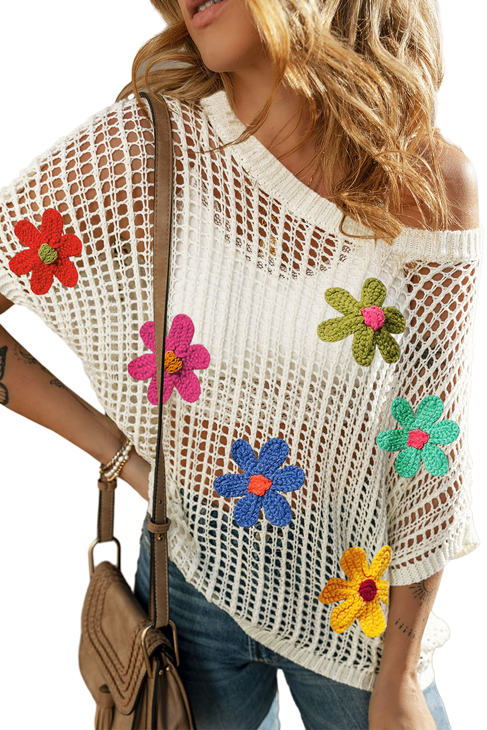 Black Hollowed Crochet Colorful Flower Loose Knit T Shirt