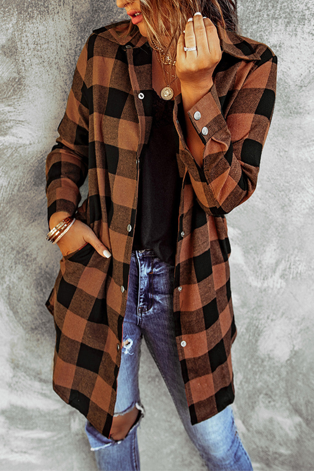 Red Plaid Collared Button Down Long Shirt Shacket