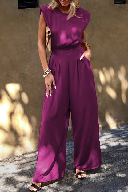 Rose red padded shoulder jumpsuit, wide leg, slant pockets, bold style, IOPCCLOTHING