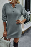 Grey Button Notched Neck Drop Shoulder Waffle Knit Sweater Dress